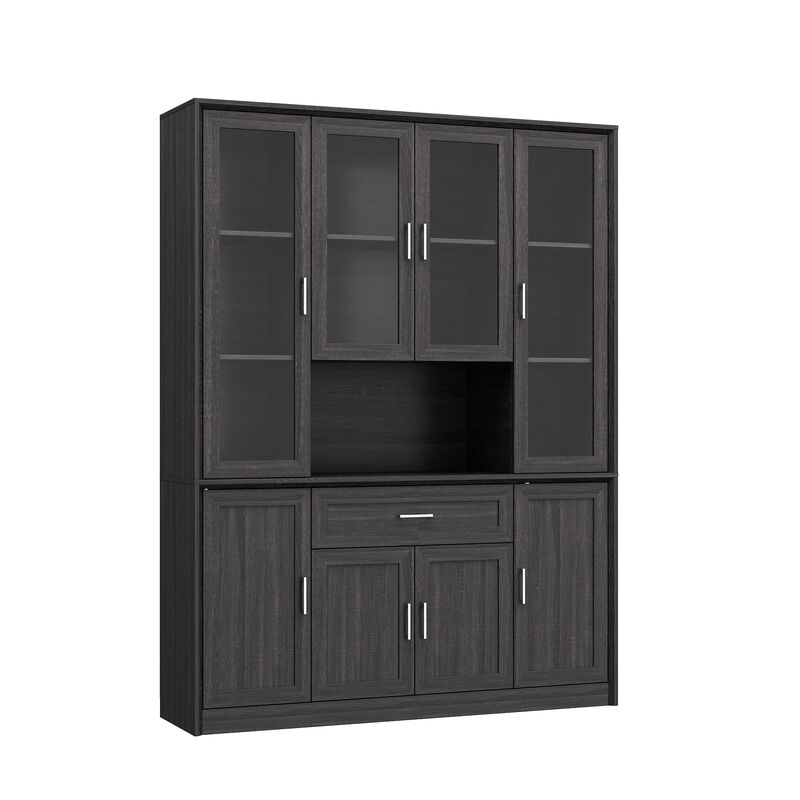 FUFU&GAGA Retro 8-Door Cabinet with a Drawer, Beveled Frame & Angled Panel Design, Glass & Wood Grain Finish, Brushed Metal Handles (60.6 in. W x 15.7 in. D x 79.9 in. H), Dark Brown