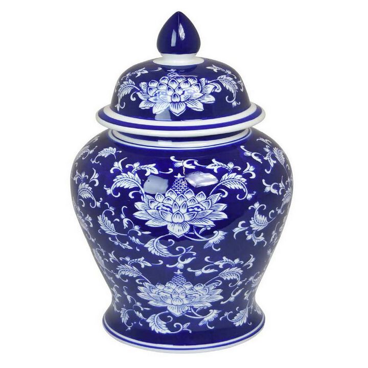 Sen 18 Inch Ceramic Temple Jar with Lid, Blue and White Flower Design - Benzara