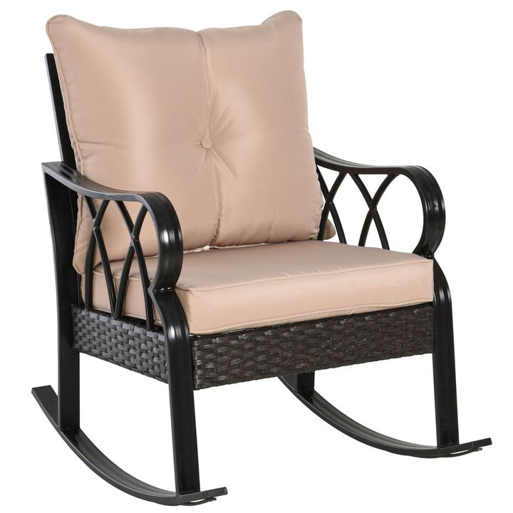 Khaki Outdoor Wicker Rocking Chair with Padded Cushions: Aluminum Furniture Rattan Porch Rocker Chair with Armrest for Garden, Patio