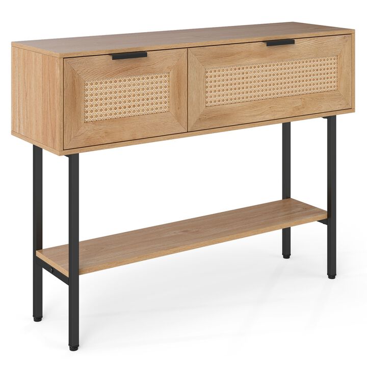 Rattan Entryway Console Table with Storage Cabinets Shelf and Metal Frame