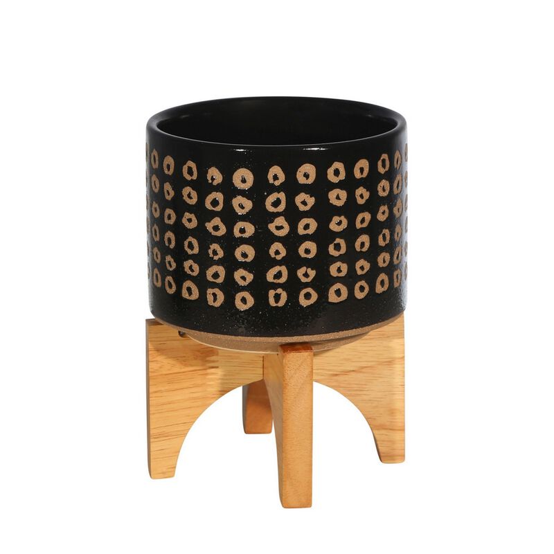 Planter with Wooden Stand and Abstract Design, Small, Black-Benzara