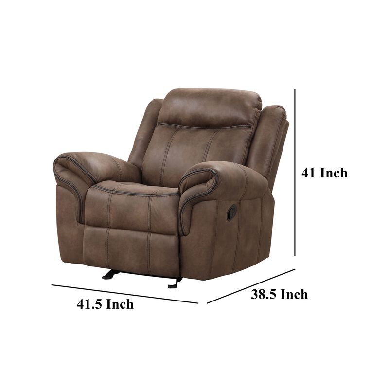 Arisa Manual Glider Recliner Chair, Brown Faux Leather, Pillow Arms - Benzara