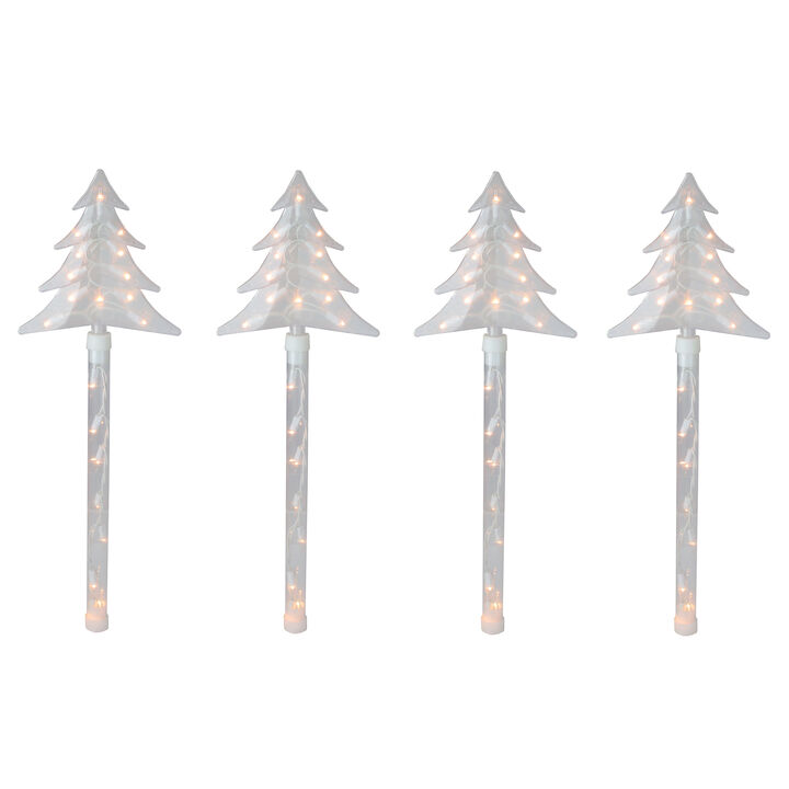 4ct Lighted Christmas Tree Pathway Marker with Lawn Stakes White Wire - Clear Lights