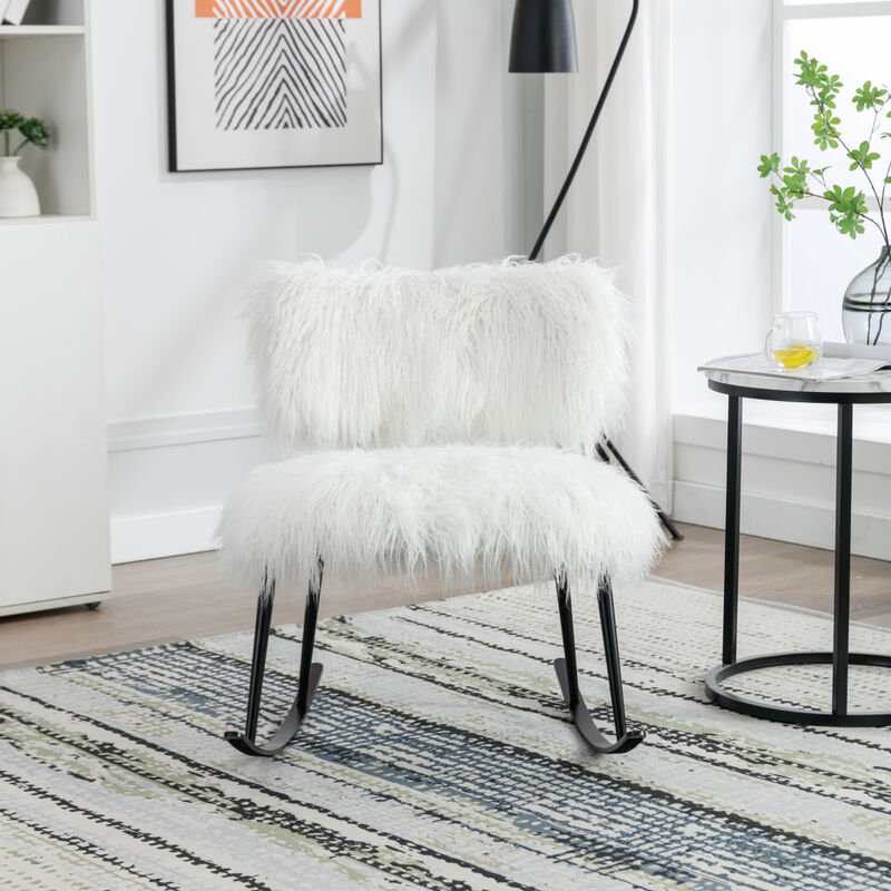 25.2" Wide Faux Fur Plush Nursery Rocking Chair, Baby Nursing Chair with Metal Rocker, Fluffy Upholstered Glider Chair, Comfy Mid Century Modern Chair for Living Room, Bedroom (Ivory)