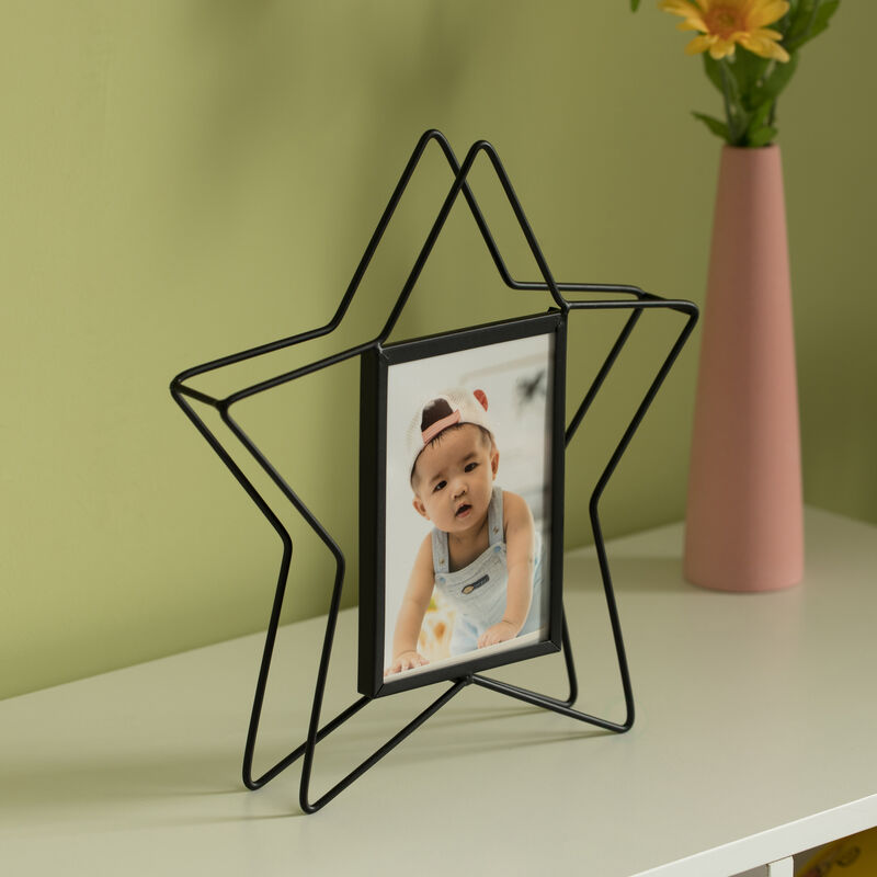 Modern Star Shape Black Metal Decor Photo Frame for Tabletop Display, 4" x 6"