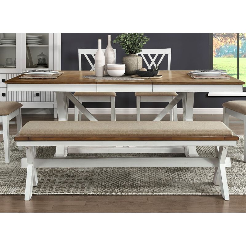 Modern Style White and Oak Finish 1pc Bench Fabric Upholstered Seat Charming Traditional Dining Wooden Furniture