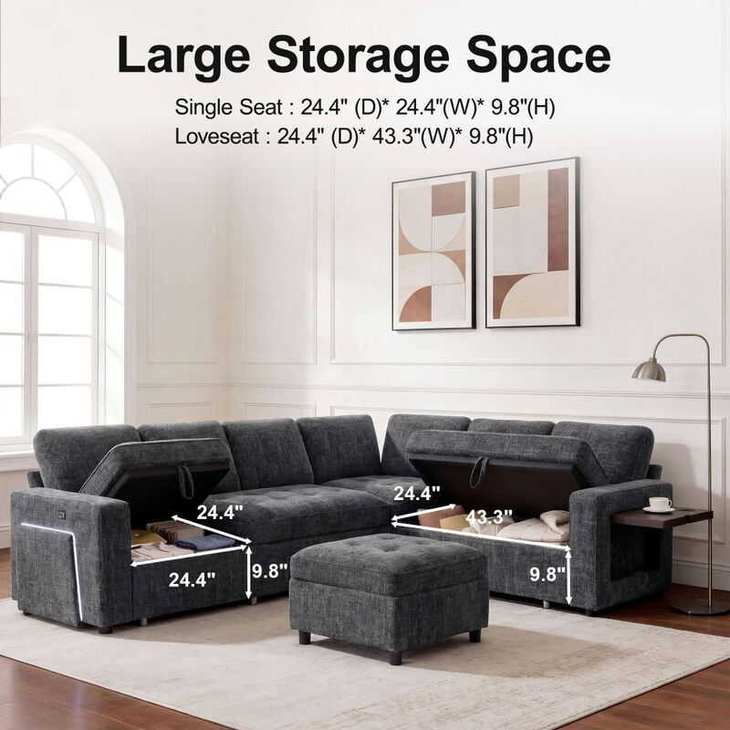 102" L-Shaped Chenille Modular Sectional Sleeper Sofa with Pullout Bed, Reclining Backrest, USB image number 3