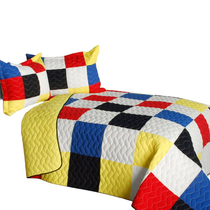 Queen Size Patchwork Plaid Quilt Set with Vermicelli Quilted Texture-Multicolor