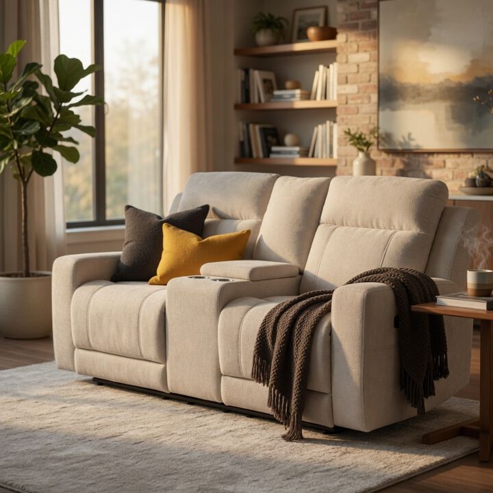 Kenie Power Reclining Loveseat with Console, Ivory Chenille Fabric