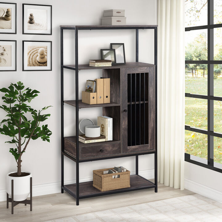 Home Office Bookcase and Bookshelf 5 Tier Display Shelf with Doors and Drawers, Freestanding Multi-functional Decorative Storage Shelving, Vintage Brown Industrial Style (Brown)