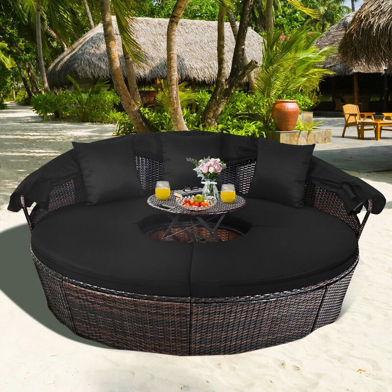 Mondawe Patio Round Rattan Daybed with Retractable Canopy and Height Adjustable Coffee Table