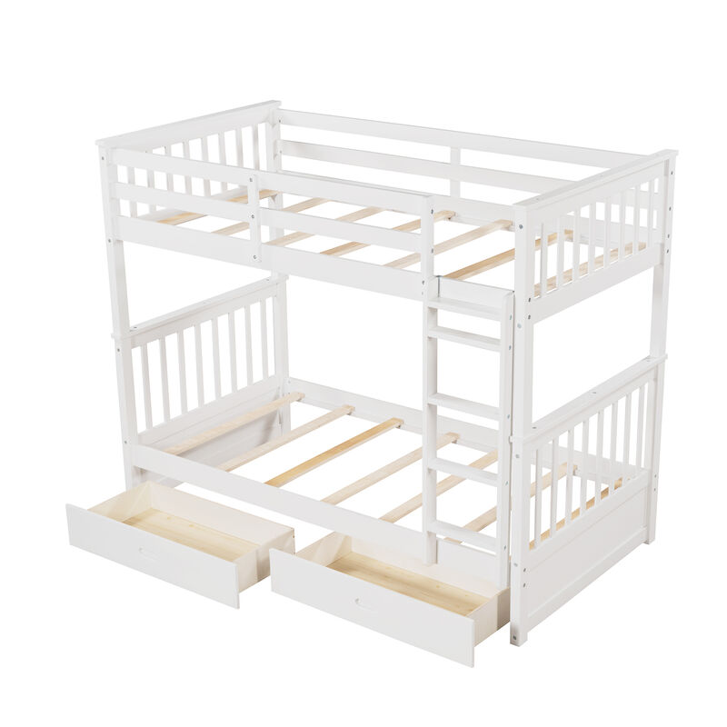 Whisen Twin-Over-Twin Bunk Bed with Ladders and Two Storage Drawers- White