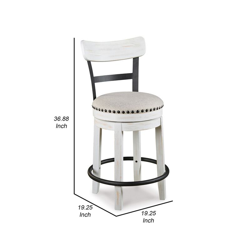 Zane Swivel 24.5 Inch Counter Stool Chair | Nailhead Trim | Curved Back | Distressed White and Black - Benzara