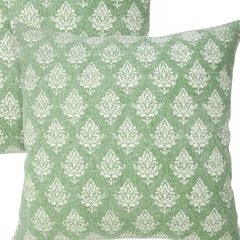 HomeRoots Set of Two 20" Green And Off White Damask Cotton Throw Pillows image number 4