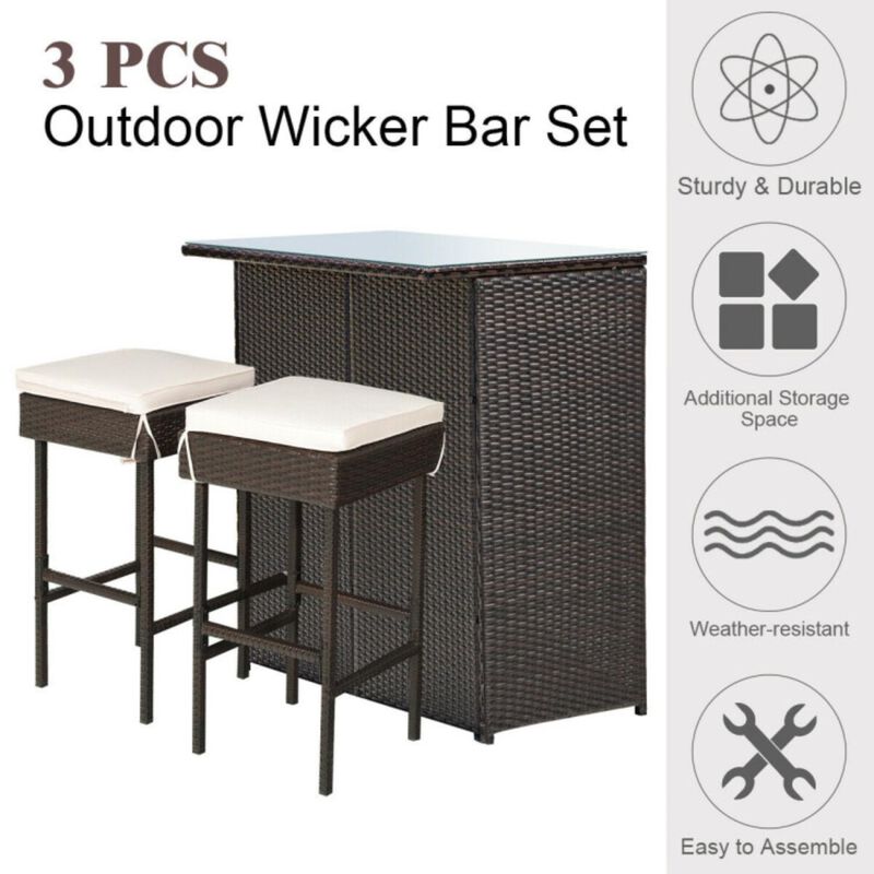 Hivvago 3 Pieces Outdoor Rattan Wicker Bar Set with 2 Cushions Stools