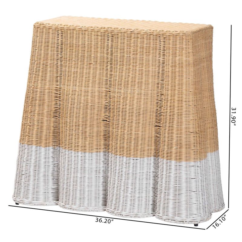 bali & pari Palm Scallop Natural Rattan Console Table - Handwoven Wicker Accent Table, Coastal & Boho Decor, Rectangle 36", Two-Tone White/Natural