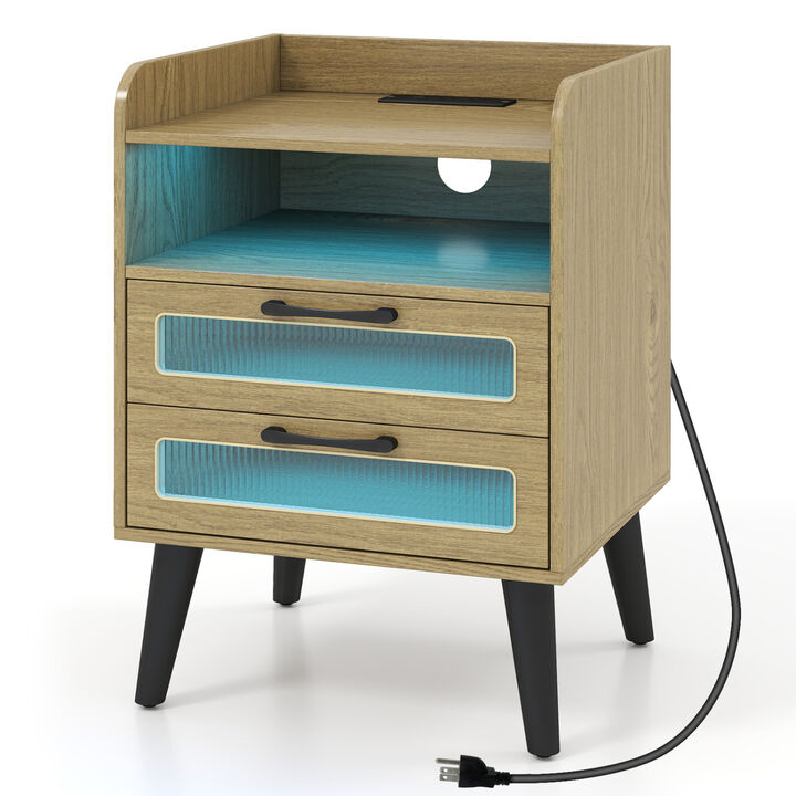 Mid-Century Nightstand with LED Lighting and Built-In Charging Station