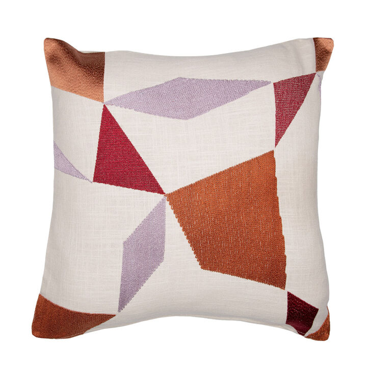 HomeRoots 20" Ivory Red and Orange Geometric Cotton Blend Throw Pillow With Embroidery