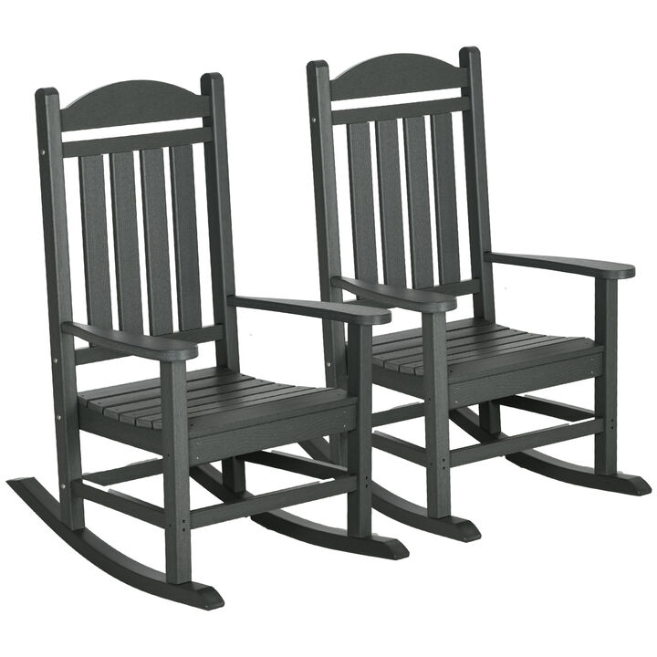 Outsunny 2 Pieces Outdoor Rocking Chair, All Weather-Resistant HDPE Rocking Patio Chairs with Rustic High Back, Armrests, Oversized Seat and Slatted Backrest, 350lbs Weight Capacity, Dark Gray