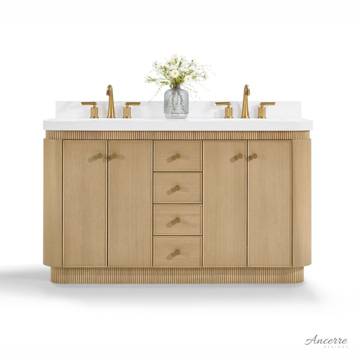 Aston 60 inch Bath Vanity Set in American Oak Finish with Alpine White Quartz Top