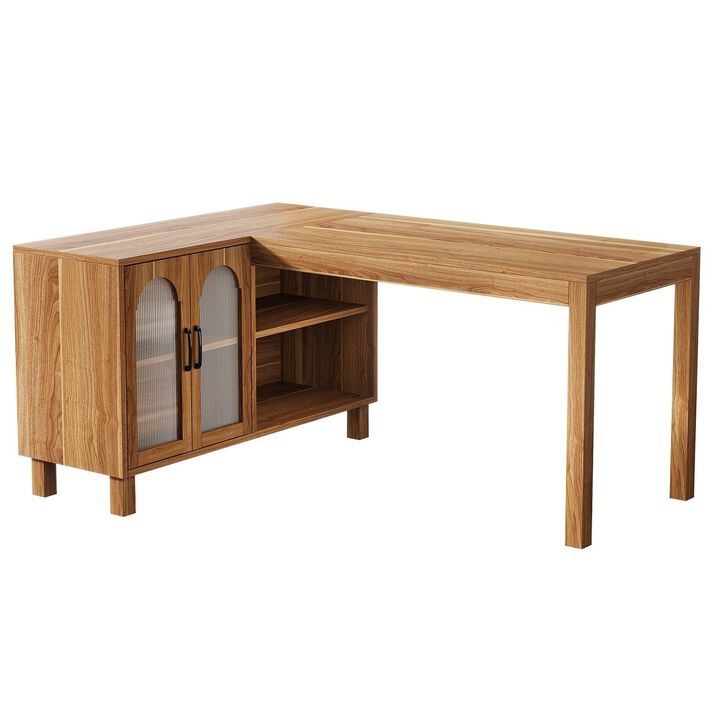 Tribesigns 59" L-Shaped Desk, Executive Computer Desk with Storage Cabinet, Corner Desk for Home Office, Farmhouse Rustic Brown Office Desk with 4 Shelves, Holds 441 lbs