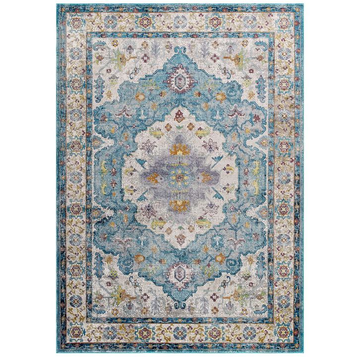 Modway Success Anisah Distressed Floral Vintage 4x6 Area Rug in Light Blue, Ivory, Yellow, Orange