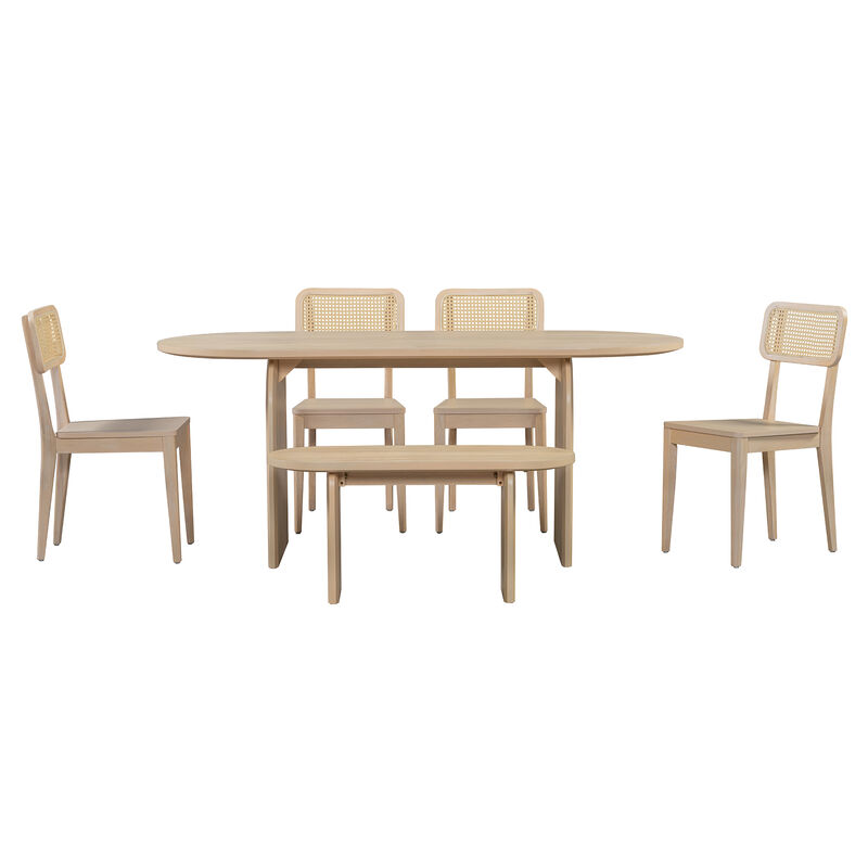 Whisen 6-Piece Oval Dining Set - Rubber Wood Table with 4 Rattan Chairs & Bench, Modern Kitchen Set for 6 - Brown