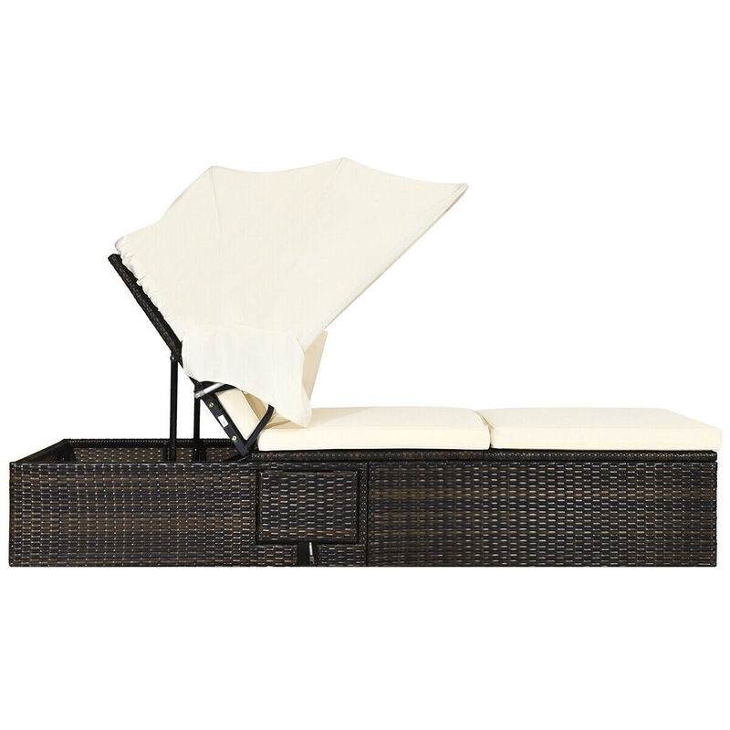Chaise Cushioned Top Canopy Patio Rattan Lounge Chair with Tea Table