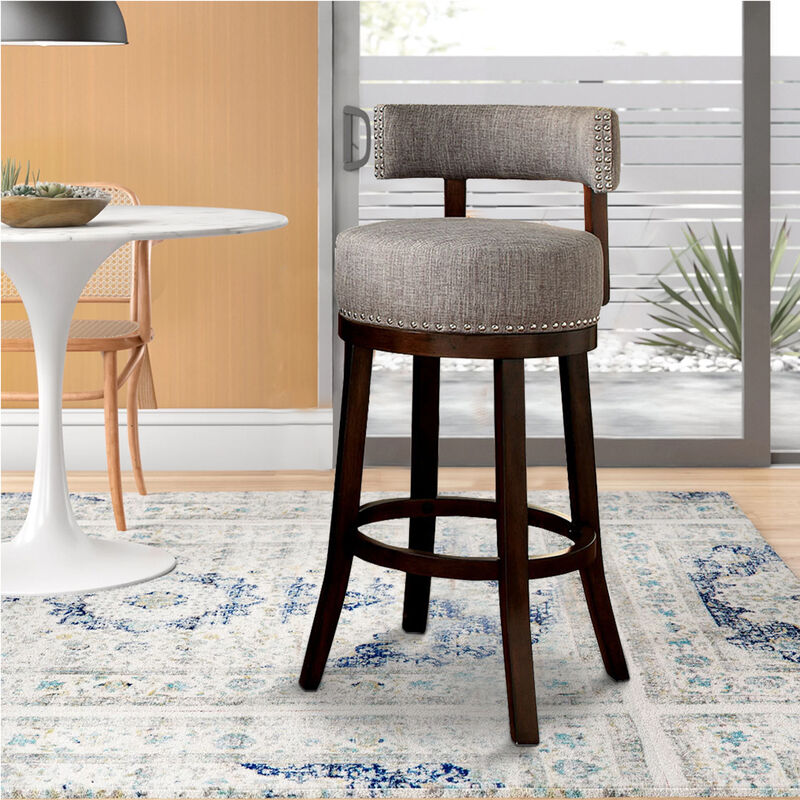 Swivel Barstool with Curved Open Low Back, Set of 2, Gray and Brown