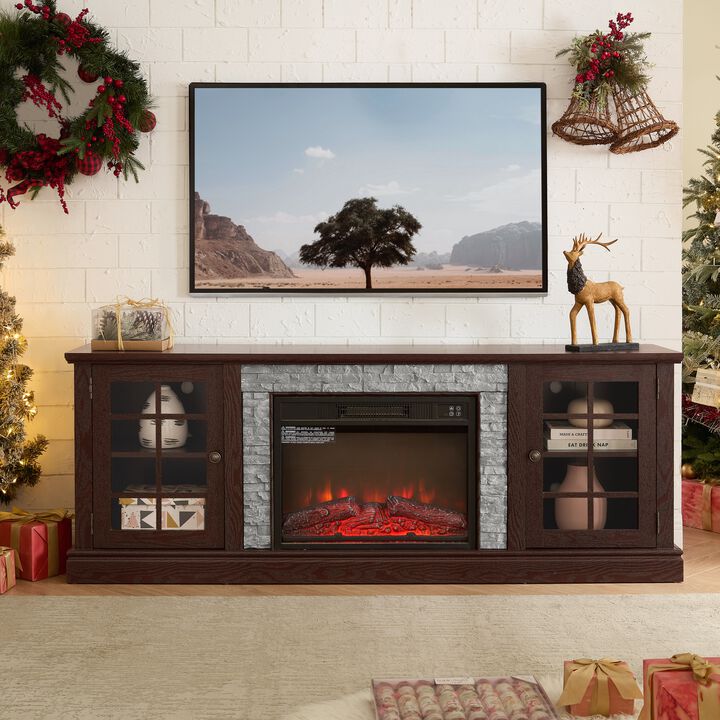70 Inch Modern TV Stand with 23" Electric Fireplace, Faux Stone Media Console Cabinet, Entertainment Center