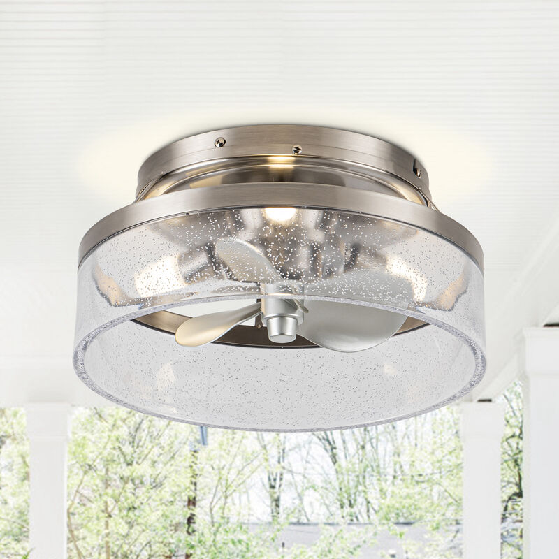 12.6" Small Satin Nickel Flush Mount Ceiling Fan with Light
