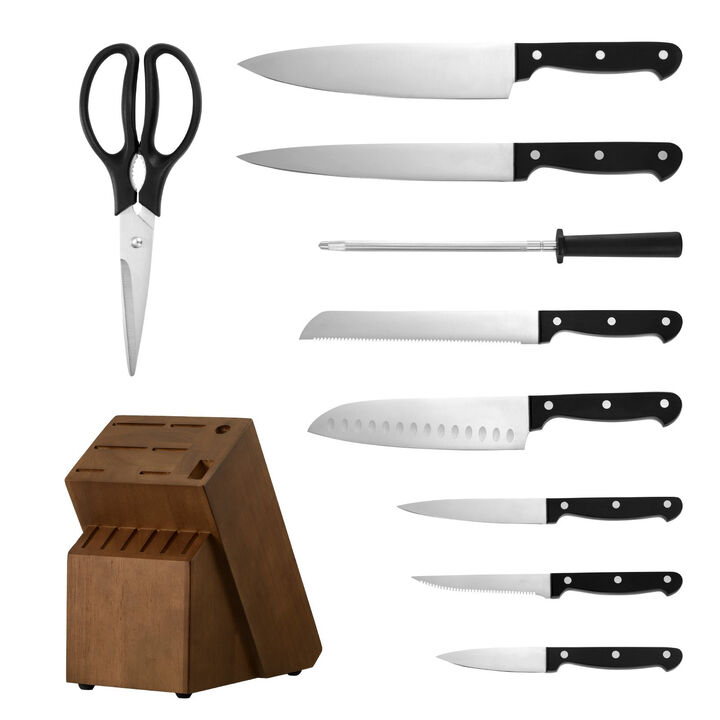 15 Piece Kitchen Knife Set with Block and Sharpener, Stainless Steel Cutlery Set