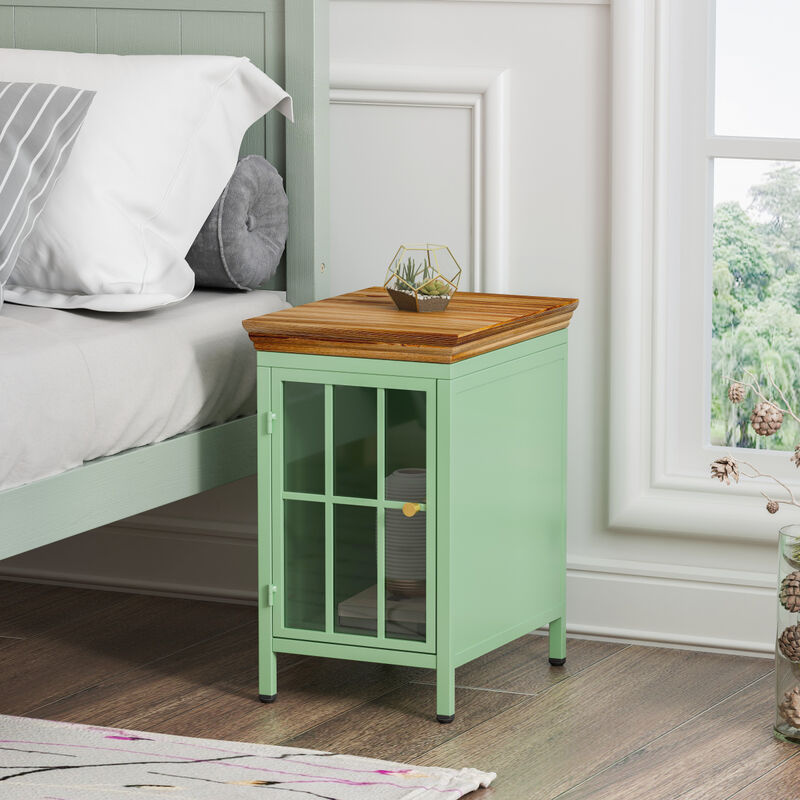 Nightstand with Storage Cabinet Solid Wood Tabletop, Bedside Table, Sofa Side Coffee Table for Bedroom, Living Room, Green(Set of Two Pieces)