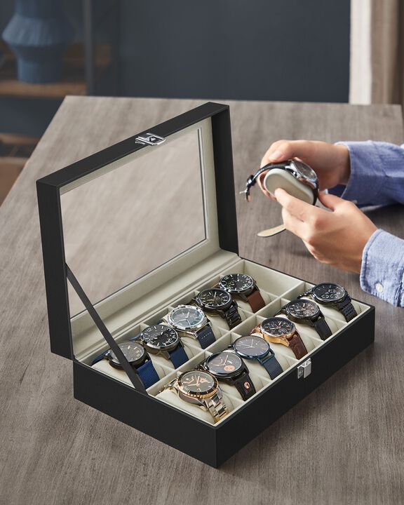 Elegant 12-Slot Watch Storage Case with Large Glass Lid for Display and Protection