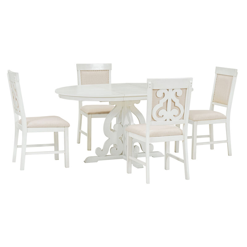 Whisen Retro 5 Piece Extendable Dining Set with 16-inch Leaf and 4 Upholstered Chairs - Antique White