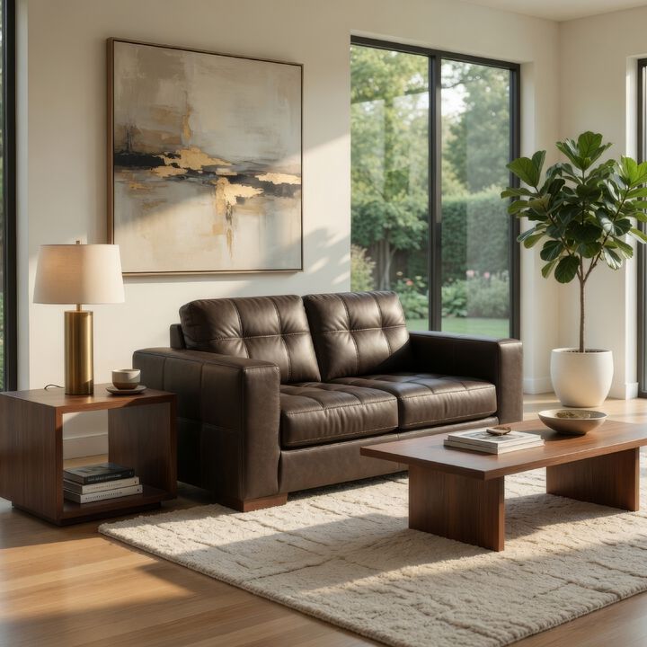Lenie Loveseat, Block Stitched Dark Gray Real and Faux Leather 70 Inch