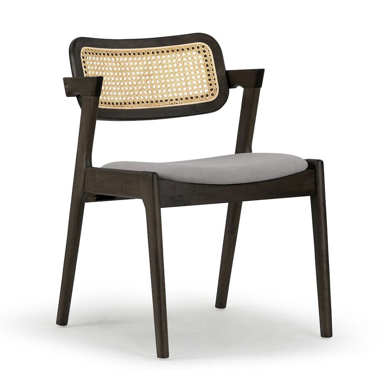 Glamour Home Set of 2 Azula Gray Fabric Dining Chair with Rattan Back and Black Wood Legs