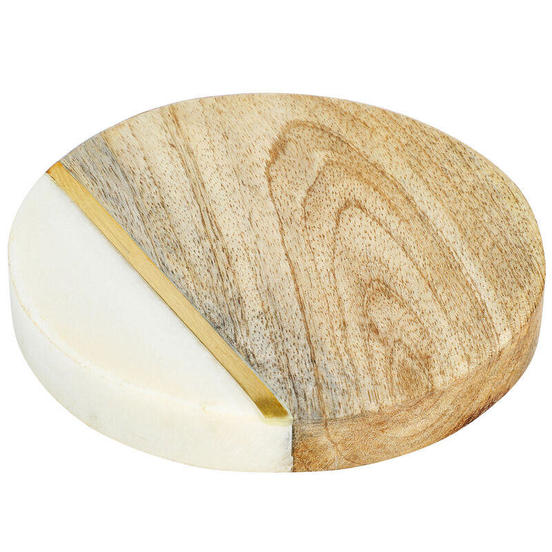 Laurie Gates White Marble and Mango Wood Round 4 Piece Coaster Set image number 4