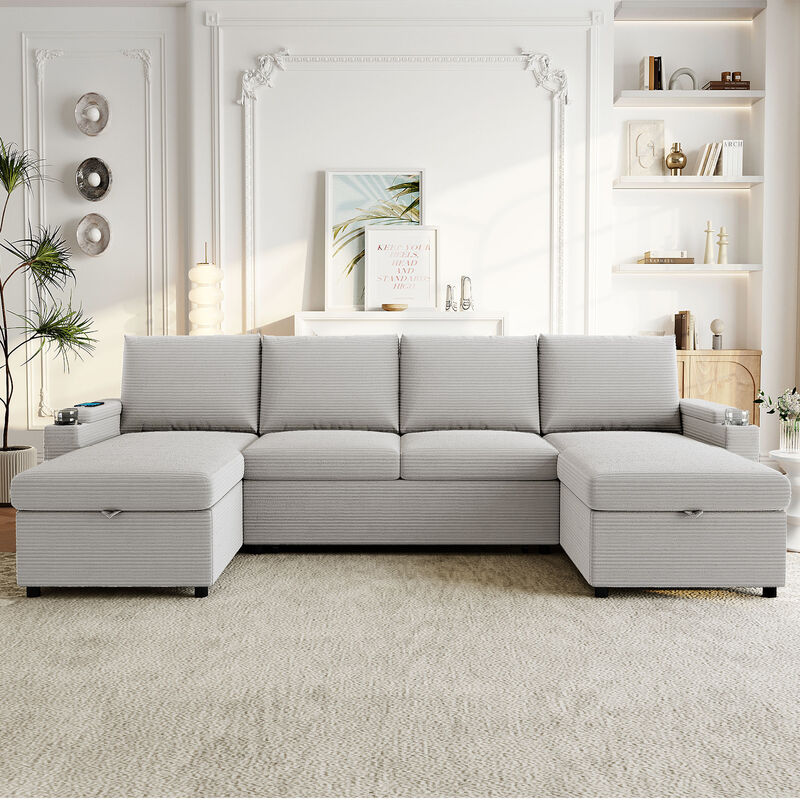 Merax Convertible Sofa Bed U-Shaped Sectional Sofa Modern Upholstered Sofa with Storage Chaise Lounges