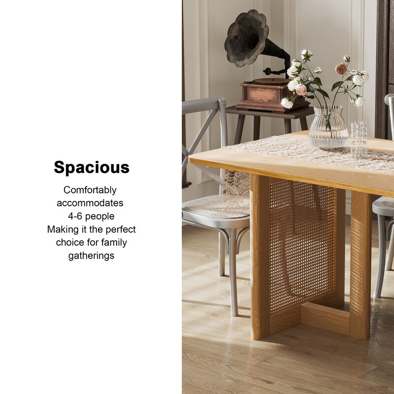 67 inch Rectangle Log Color Rattan Dining Table for 4-6 People Suitable for Dining Room and Living Room