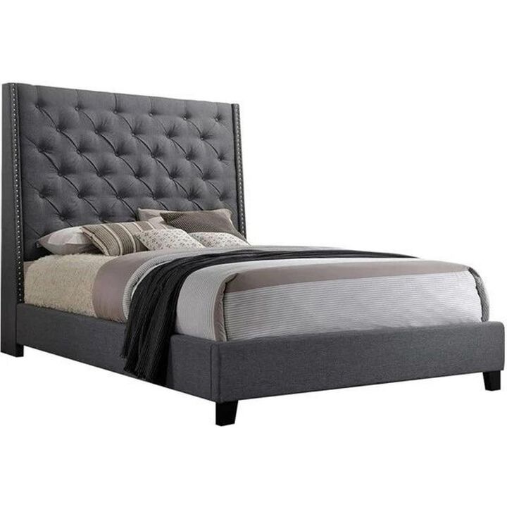 Benjara Maze King Size Bed, Button Tufted, Nailhead Trim, Gray Fabric Upholstery