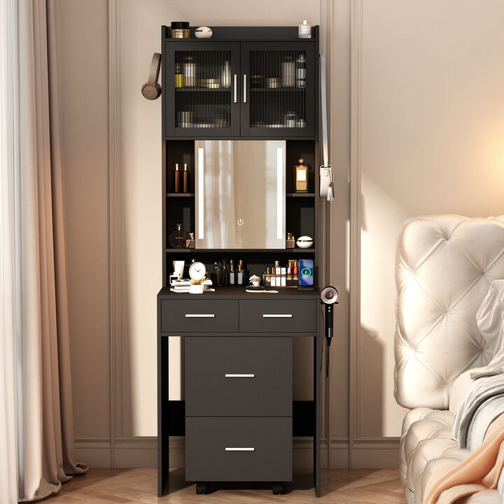 Small Vanity Desk with Sliding Mirror and LED Lights – Compact Makeup Table with Modern Features and Storage