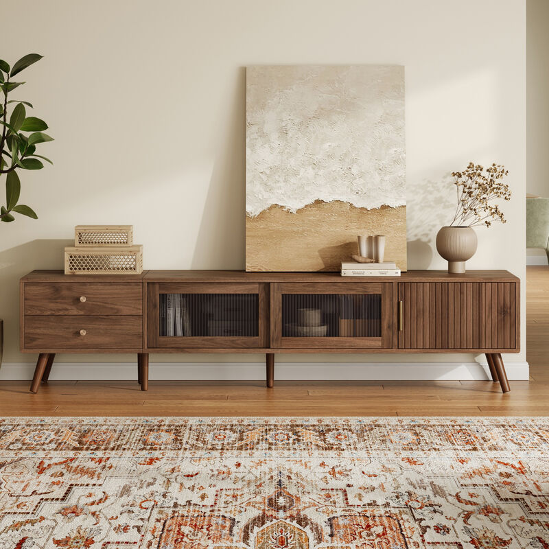 Merax TV Stand with Waveform Glass Doors, 2 Deep Drawers, Striped Texture Cabinets image number 7