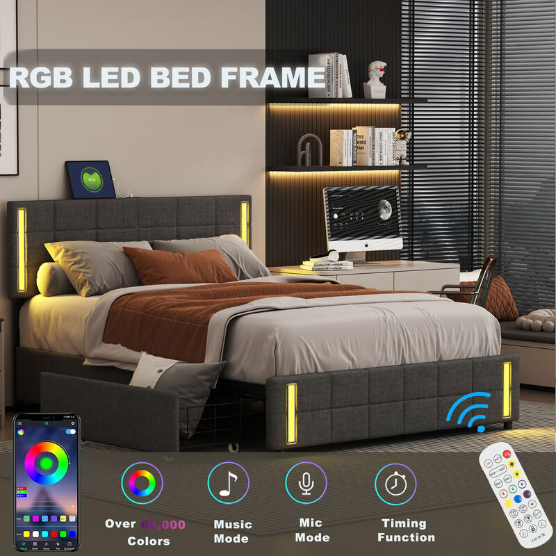 Merax Upholstered Platform Bed with LED Lights and USB Charging, Storage Bed with 4 Drawers image number 4