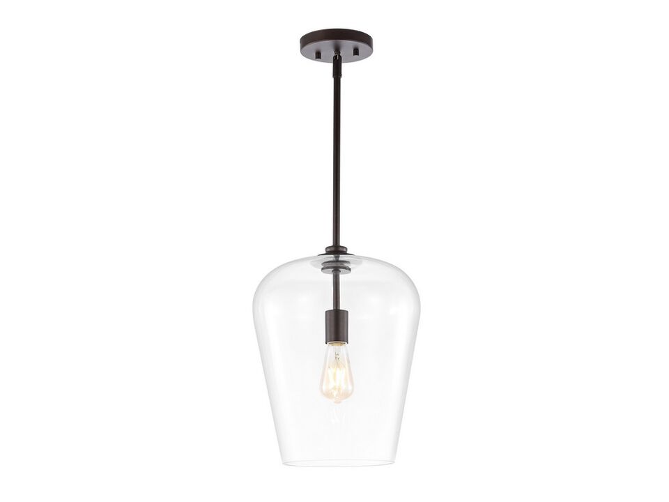 Hayes 11.25" 1-Light Industrial Farmhouse Iron/Glass LED Pendant, Oil Rubbed Bronze/Clear