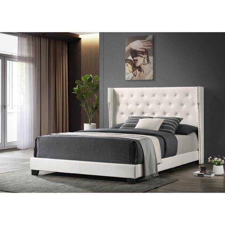 Best Quality Furniture White Faux Leather Uph. Panel Bed Tufted Buttons Side Studs, Eastern King