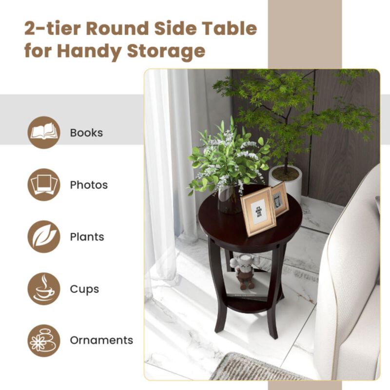 Hivvago  2-tier Round End Table with Solid Wood Legs