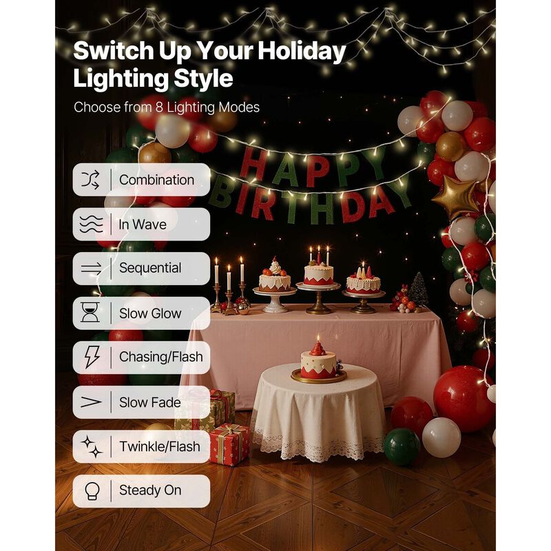 200 LED Christmas String Lights 76 Ft Warm White Connectable 8 Modes image number 3