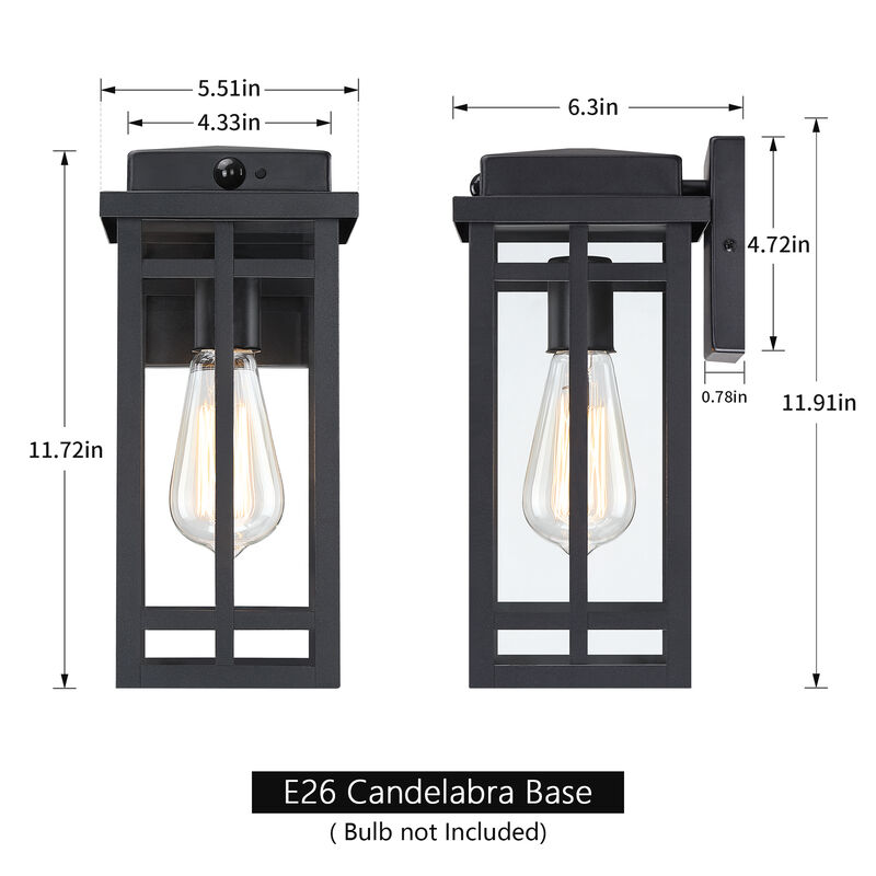 2-Pack 12 in. Modern Black Motion Sensor Outdoor Wall Lanterns with Clear Glass image number 2