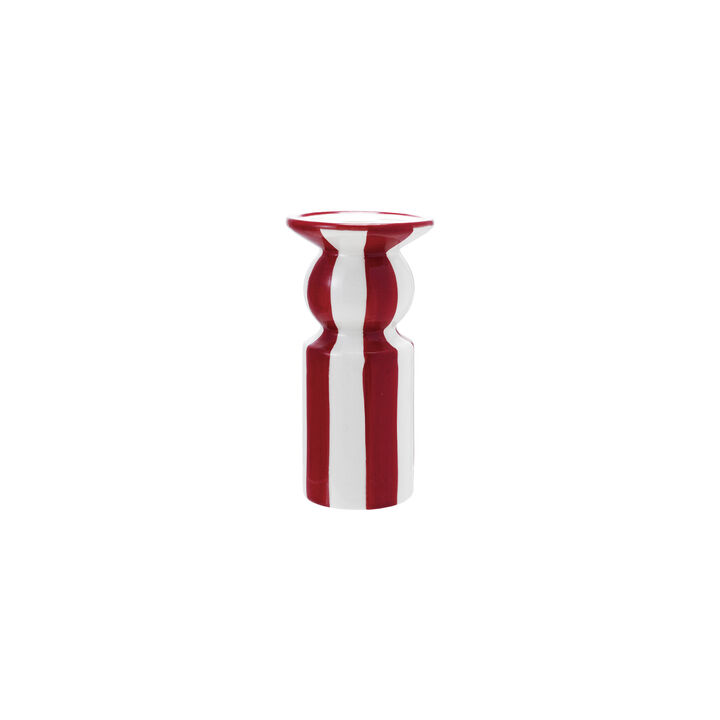 Hand-Painted Ceramic Striped Taper Holder, Red and White